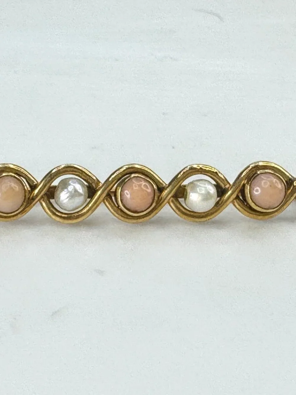 Antique 14K yellow Gold Coral Pearl Infinity bar brooch  1 5/8